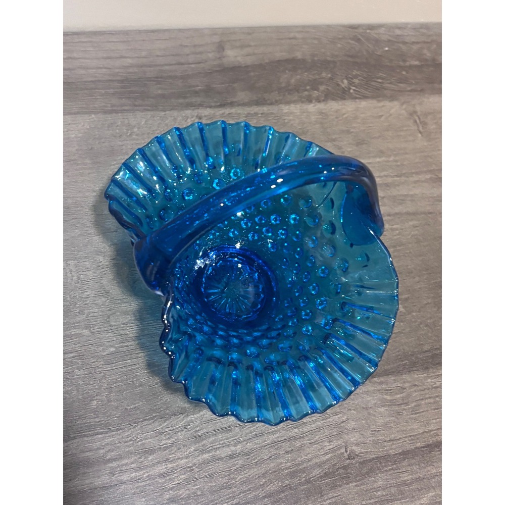 Vintage Fenton Hobnail Blue Glass Basket Ruffled Edge Crimped Candy Dish 7 inch - Picture 3 of 9